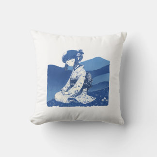 Throw Pillow-Blue Kimono Girl Cushion