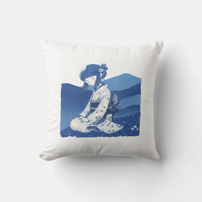 Throw Pillow-Blue Kimono Girl Cushion (Front)