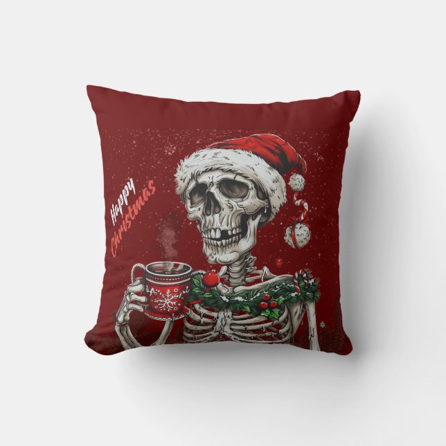 Throw Pillow Christmas Skeleton with Hot Cocoa (Front)