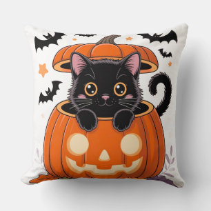 Throw Pillow – Cute Black Cat in Pumpkin Halloween