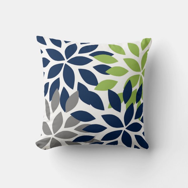 Throw Pillow Dahlia Navy Green White (Front)