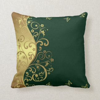 Throw Pillow--Dark Green & Gold Swirls Cushion
