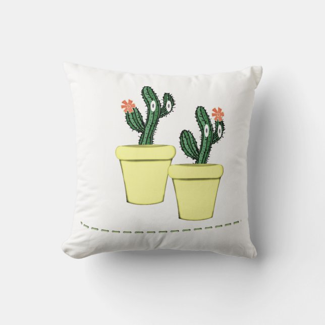 Throw Pillow Green Cactus Yellow Pot Floral  (Front)