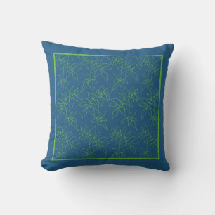 Throw Pillow, Green on Blue Jasmine Leaves Pattern Cushion