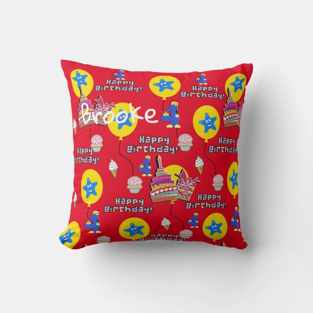 Throw Pillow, Happy 4th Birthday Red Cushion (Front)