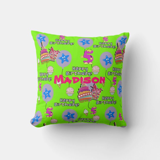 Throw Pillow, Happy 5th Birthday Green Cushion (Front)