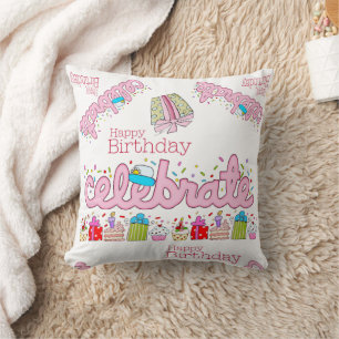 Throw Pillow, Happy Birthday Celebrate Pink  Cushion