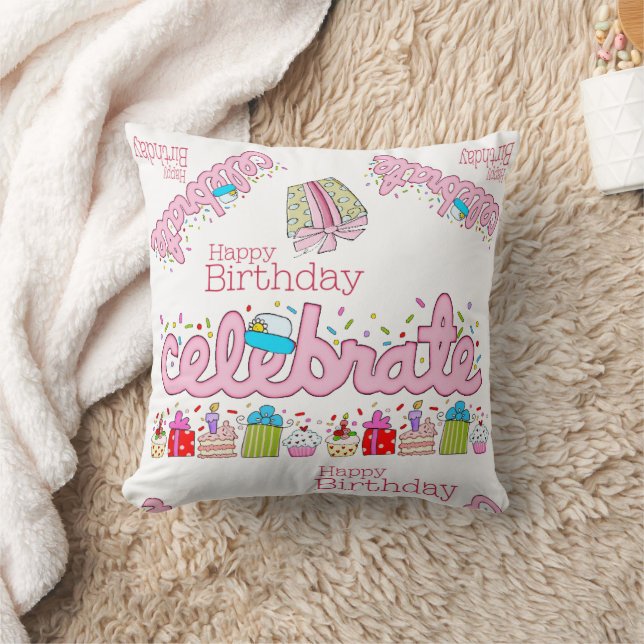 Throw Pillow, Happy Birthday Celebrate Pink  Cushion (Blanket)