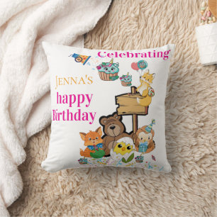 Throw Pillow, Happy Birthday Fox Bird Chick Cat Cushion