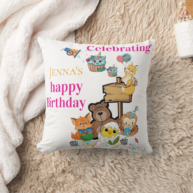 Throw Pillow, Happy Birthday Fox Bird Chick Cat Cushion (Blanket)