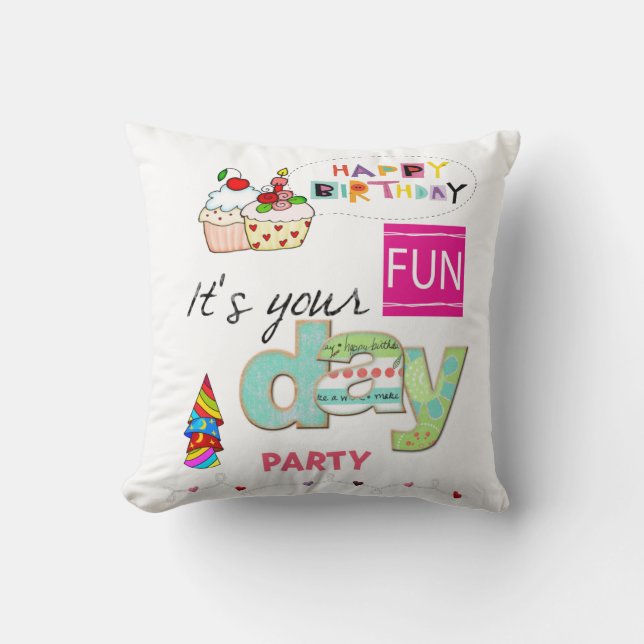 Throw Pillow, Happy Birthday FUN Cupcake Cushion (Front)