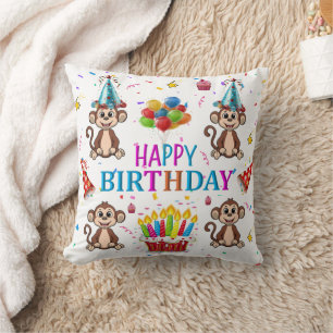 Throw Pillow, Happy Birthday Monkey Cupcake Cushion