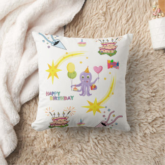 Throw Pillow, Happy Birthday Octopus Cupcake Cushion
