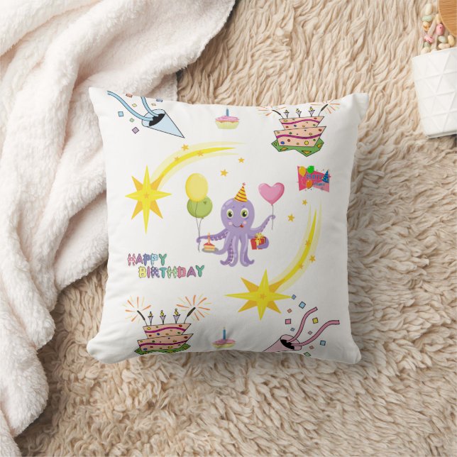 Throw Pillow, Happy Birthday Octopus Cupcake Cushion (Blanket)