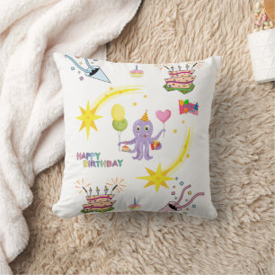 Throw Pillow, Happy Birthday Octopus Cupcake Cushion