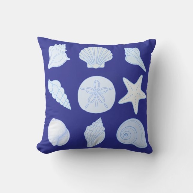 Throw Pillow in ocean blue with seashells (Front)
