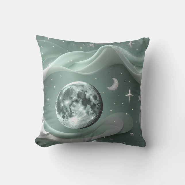Throw Pillow - Mint Green Celestial Moon (Front)