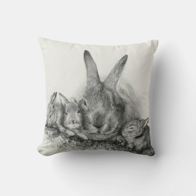 Throw Pillow Momma Rabbit and Bunnies (Front)