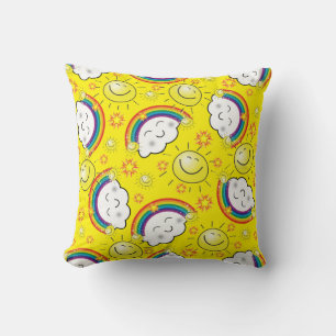 Throw Pillow Orange Yellow Rainbow, Sun, Clouds