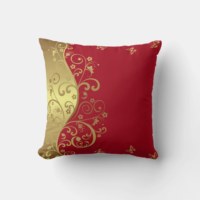 Throw Pillow--Red & Gold Swirls Cushion (Front)