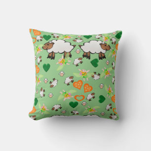 Throw Pillow Sheep Orange Green Hearts