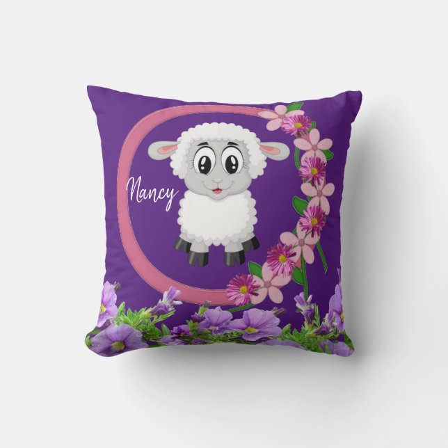 Throw Pillow Sheep Purple Floral (Front)