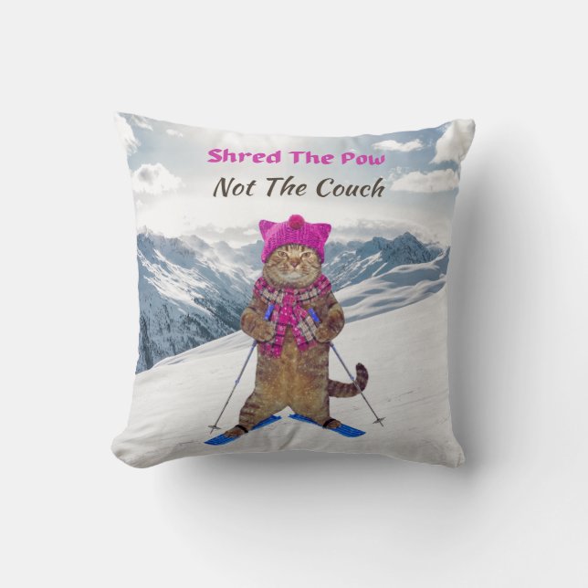 Throw Pillow, Shred the Pow Ski Cat Cushion (Front)