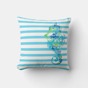 Throw Pillow-Stripes & Seahorse Cushion