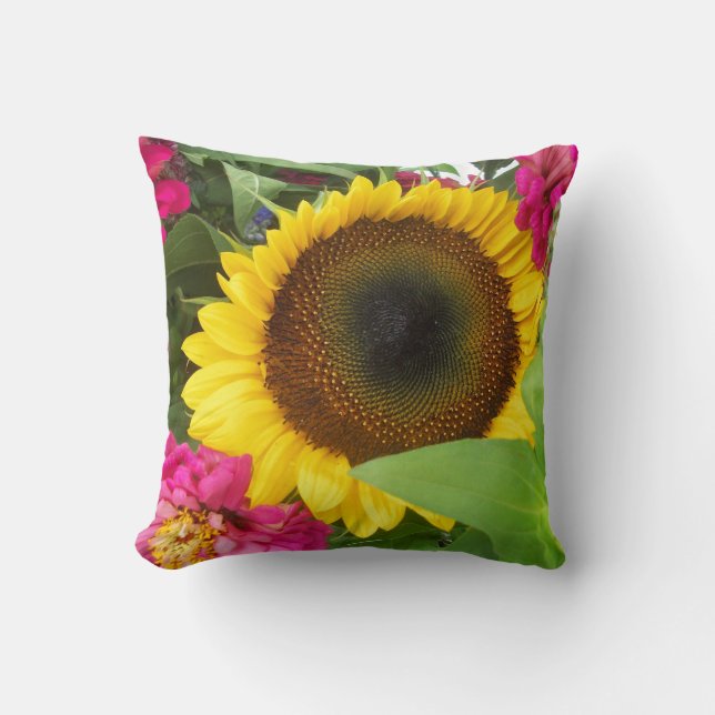 Throw Pillow: Sunflower & Zinnia Bouquet_ Cushion (Front)