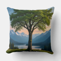 Throw Pillow Tree, Green Land, Sea, Sky & Mountain