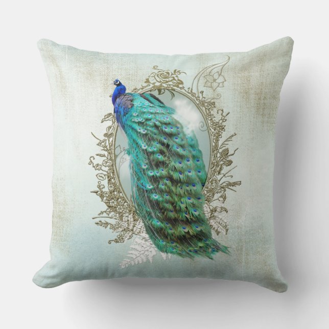 Throw Pillow Turquoise Shabby Peacock vintage (Front)