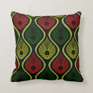Throw pillow with art deco peacock design