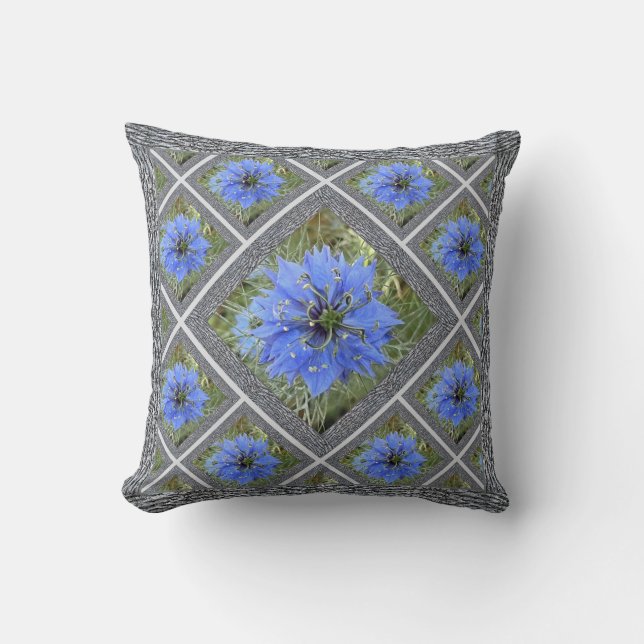 Throw Pillow with Blue Love-in-a-Mist Flowers (Front)