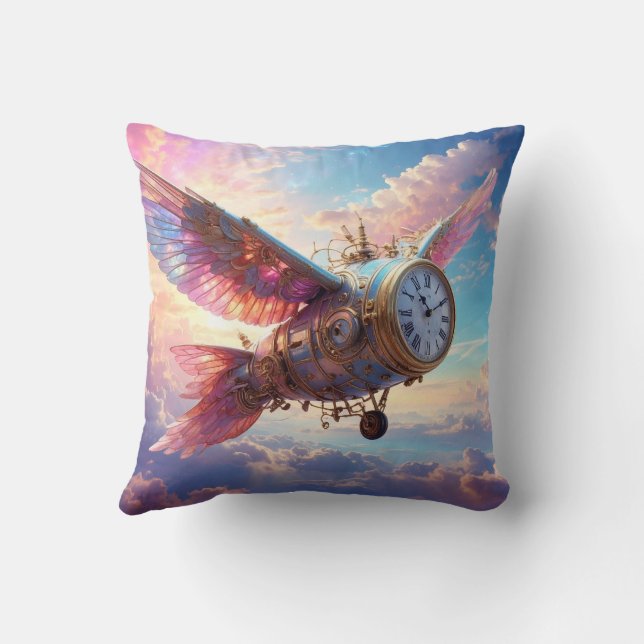 Throw pillow with fantastical wing with clock face (Back)