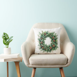 Throw Pillow with Pine Wreath and Cones Illustrati