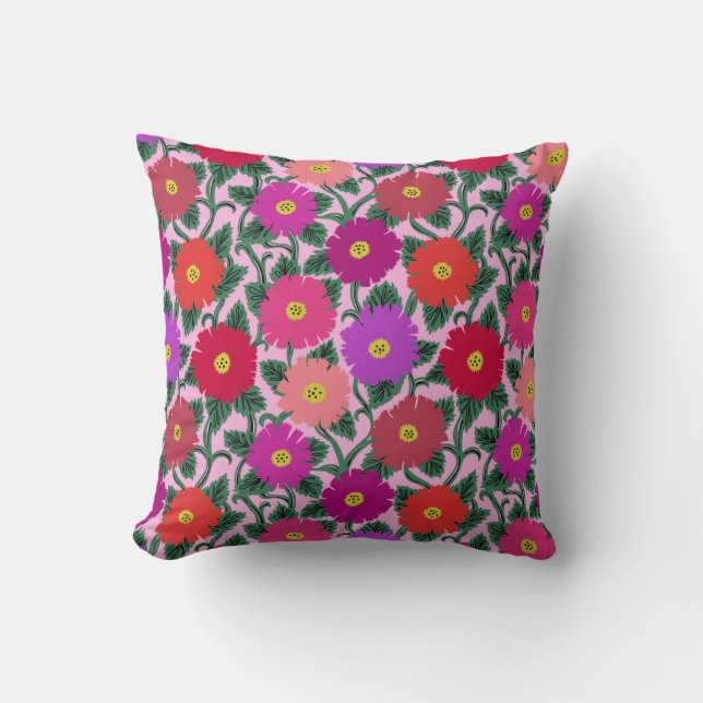 Throw pillow with pink and red daisy print (Front)