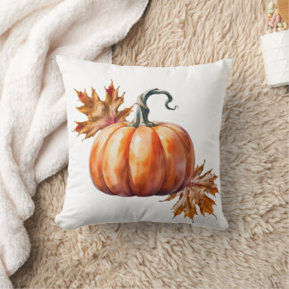 Throw Pillow with Pumpkin and Autumn Leaves
