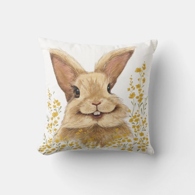 Throw Pillow with the print Happy Bunny in Golden (Front)