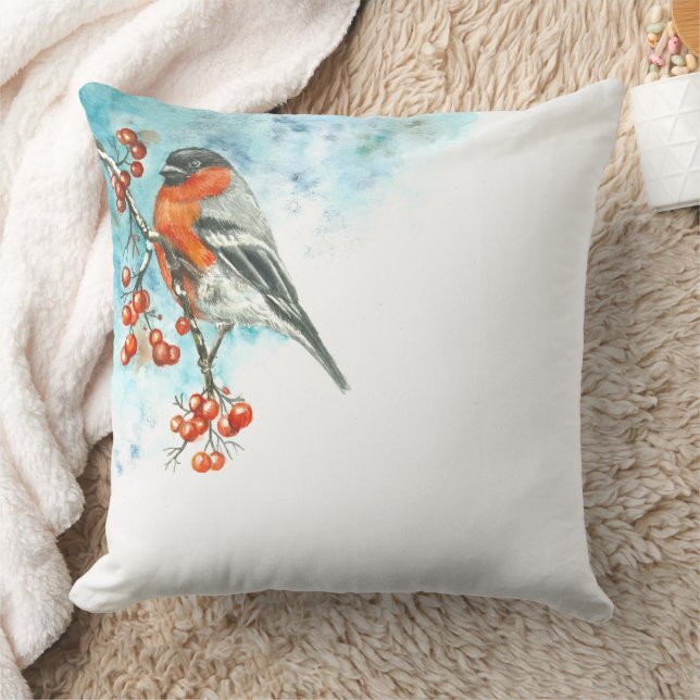 Throw Pillow with Watercolor Eurasian Bullfinch (Blanket)