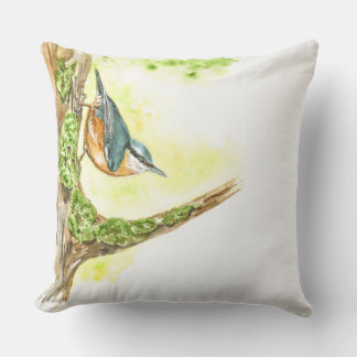Throw Pillow with Watercolor Nuthatch