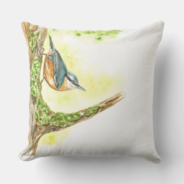 Throw Pillow with Watercolor Nuthatch (Front)