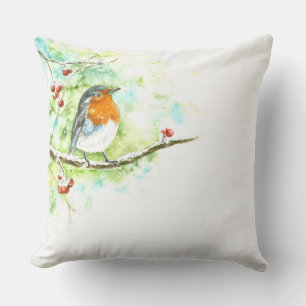 Throw Pillow with Watercolor Robin