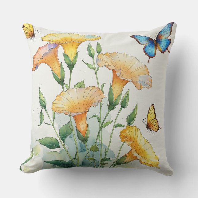 Throw Pillow - Yellow Morning Glory, Butterflies (Front)