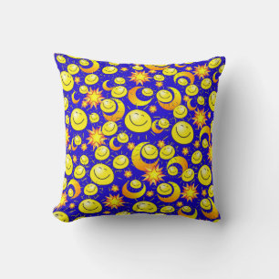 Throw Pillow Yellow Sun Moon Stars Blue