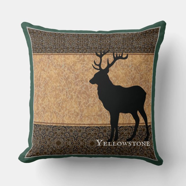 Throw Pillow-Yellowstone Elk Hunter Green Cushion (Front)