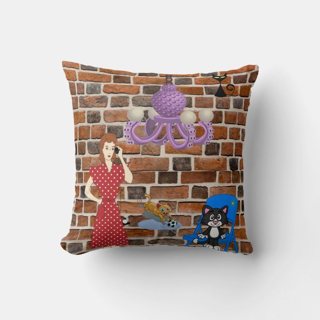 Throw Pillows Brick Retro Woman Black Cat (Front)