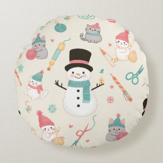Throw Pillows-cat snowman Round Cushion