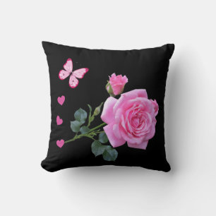 Throw Pillows Pink Rose Floral Butterfly