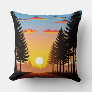 Throw pillows, Sunset above forest road Cushion
