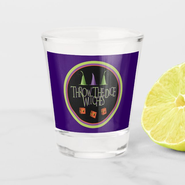 Throw The Dice Witches Halloween Bunco Party Shot Glass (Front)